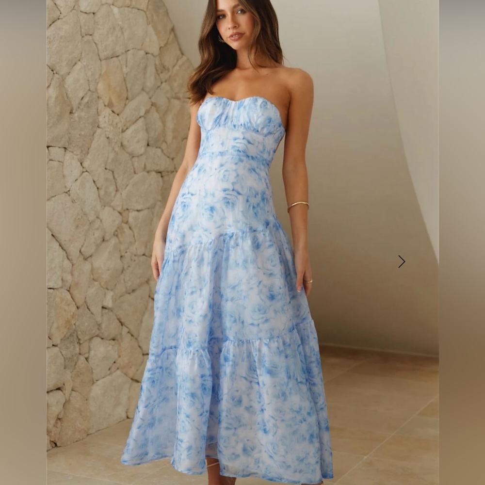 Hello Molly Her Best Version Strapless Blue Floral Maxi Dress